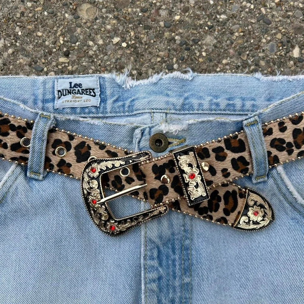 Vintage style cheetah leopard print fur belt american western tan and brown